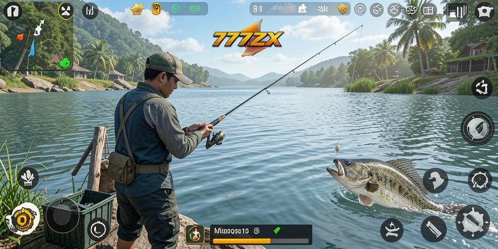 Tampilan gameplay 777ZX dengan beragam ikan dan lokasi memancing.