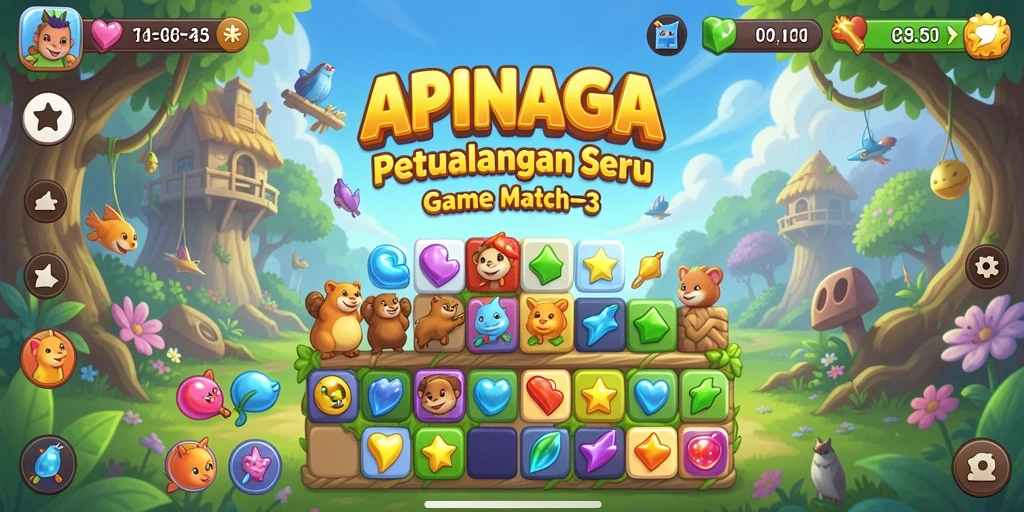 Tangkapan layar gameplay APINAGA yang menampilkan keseruan mencocokkan buah.