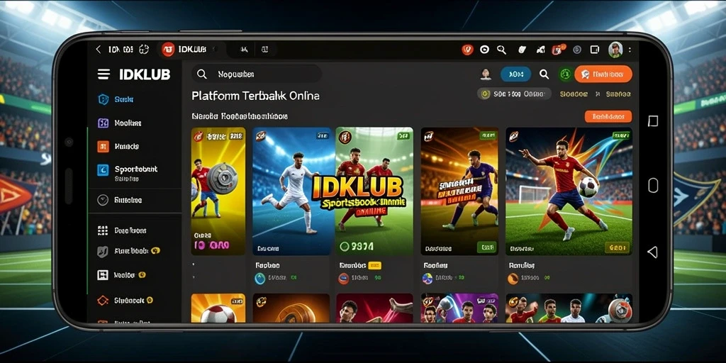 Tangkapan layar <strong>IDKLUB</strong> menunjukkan antarmuka pengguna yang menarik dan fitur taruhan Sportsbook.
