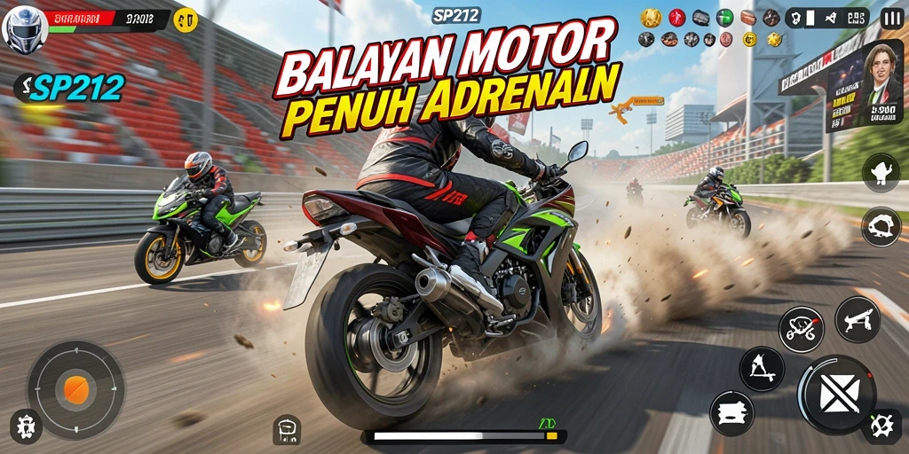 Screenshot gameplay SP212 yang menunjukkan balapan motor yang seru.
