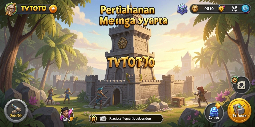 Tampilan gameplay TVTOTO yang menampilkan pertahanan menara yang megah.